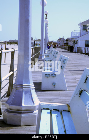 Fila di panche sul Boardwalk Foto Stock
