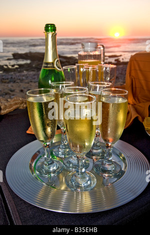 Sundown aperitivi serviti sulla spiaggia di Swakopmund Namibia da Abenteuer Afrika Safari Foto Stock