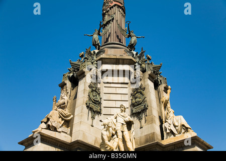 Spagna Barcellona dettaglio del monumento a Colombo dove Ramblas incontra il porto Monument a Colom costruito per 1888 exposition Foto Stock