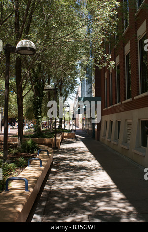 Un tranquillo e ombreggiato downtown boardwalk Foto Stock