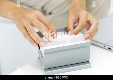 Mani sfogliando il file della scheda, close-up Foto Stock