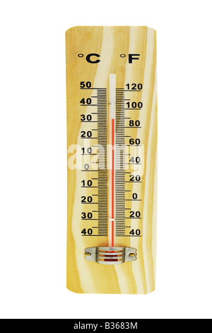 Termometro che mostra un clima caldo e la temperatura su bianco Foto Stock