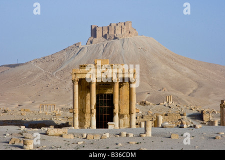 Tempio romano e le rovine del Castello arabo Qalaat Ibn Maan in Palmyra Siria Foto Stock