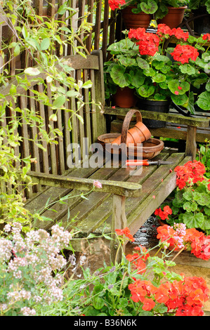 Sedia da giardino in estate arbor dopo la pioggia con gerani e gli elementi del giardino NORFOLK REGNO UNITO Agosto Foto Stock