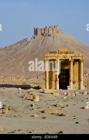 Tempio romano e le rovine del Castello arabo Qalaat Ibn Maan in Palmyra Siria Foto Stock