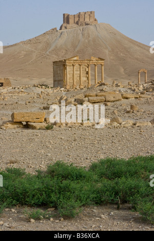 Antico romano tempio funerario e il castello arabo Qalaat Ibn Maan in Palmyra Siria Foto Stock