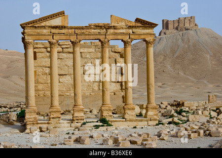 Antico romano tempio funerario e il castello arabo Qalaat Ibn Maan in Palmyra Siria Foto Stock