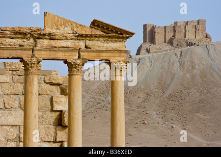 Antico romano tempio funerario e il castello arabo Qalaat Ibn Maan in Palmyra Siria Foto Stock