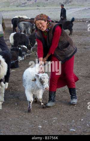 Giovane e bella etnicamente kirghisa donna tagiko e un Baby Yak nel villaggio Jalang nel Pamirs in Tagikistan Foto Stock