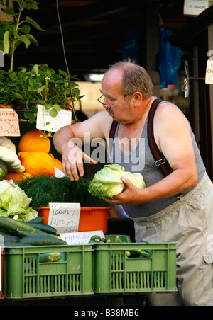 Agosto 2008 - Uomo disponendo il suo stallo vegetale al mercato Havelska Staré Mesto Praga Repubblica Ceca Foto Stock