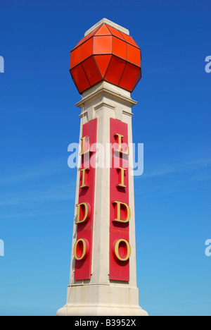 Art Deco Lido segno, Ethelbert terrazza, Margate, Kent, England, Regno Unito Foto Stock