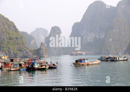 Barche a casa la mattina presto Halong Bay Vietnam Foto Stock