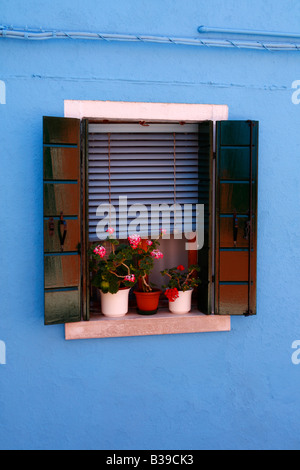 Chiudere la finestra veneziana case colorate lungo con i canali di Burano Venezia, Italia 14 Agosto 2008 Foto Stock