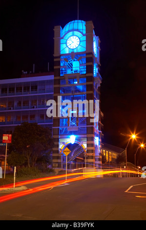 Torre dell'orologio di notte di New Plymouth Taranaki Isola del nord della Nuova Zelanda Foto Stock