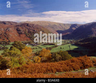 Vista su Rosthwaite a Borrowdale, nel distretto del lago, Cumbria, England, Regno Unito Foto Stock