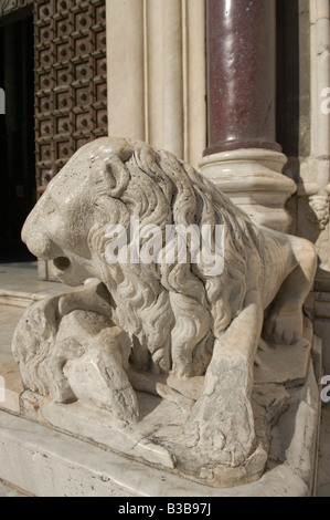 Il XIV secolo lion al di fuori del portale centrale del Duomo Foto Stock