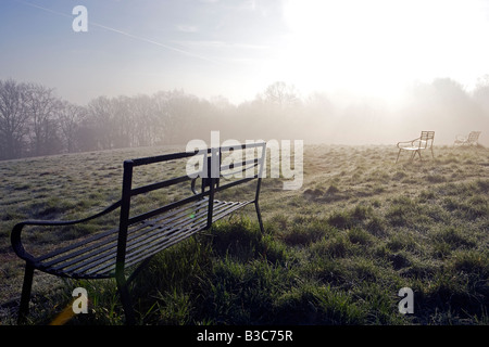 Inghilterra, Shropshire, Ludlow. Ferro battuto panchine su Whitcliffe comune su una nebbiosa mattina di primavera - offrendo incantevoli vedute del castello e della città di Ludlow. Foto Stock