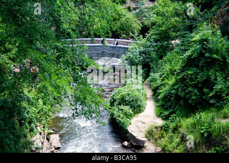 Ponte sul torrente Minnehaha nei pressi delle cascate. Dag Svenskarnas patrimonio svedese giorno Minnehaha Park Minneapolis Minnesota USA Foto Stock