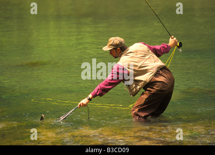 ARKANSAS Ozark Mountains pescatore di cattura della trota arcobaleno sul Fiume Bianco Foto Stock