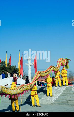 Cina, Pechino. Tempio Beiputuo e film studio. Anno Nuovo Cinese Festival di Primavera - Dragon Dance esecutori. Foto Stock