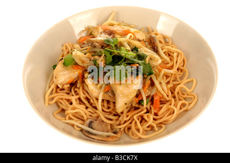 Ciotola di Piccante di pollo tailandese Stir Fry e Egg Noodles isolata contro uno sfondo bianco con un tracciato di ritaglio e nessun popolo Foto Stock