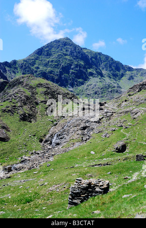 Una valle rocciosa tra Llyn Glaslyn e Llyn Llydaw accanto ai minatori via rotta verso la cima di Mount Snowdon nel Galles del Nord Foto Stock