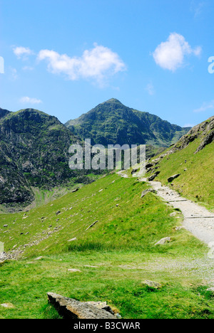 Guardando lungo i minatori la via verso la cima di Mount Snowdon nel Galles del Nord Foto Stock