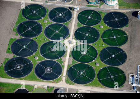 Impianto di depurazione delle acque reflue letti filtranti, vista aerea, Nr Leeds, Inghilterra settentrionale Foto Stock