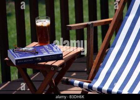 La lettura di Bill Bryson s libro di viaggio sul ponte in estate Foto Stock