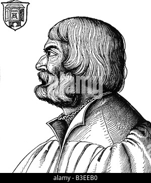 Dürer, Albrecht, 21.5.1471 - 6.4.1528, pittore tedesco, ritratto contemporaneo, di anni 56, xilografia da Erhard Schön 1527, artista del diritto d'autore non deve essere cancellata Foto Stock