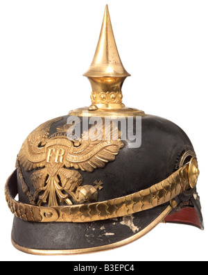 Armi/braccia, braccia protettive, caschi, casco in pelle per insegne, regimenti di fanteria tedesca 74, 77, 78, 164 e 165, tip 1899, Pickelhaube, casco zeppato, Germania, Prussia, , Foto Stock