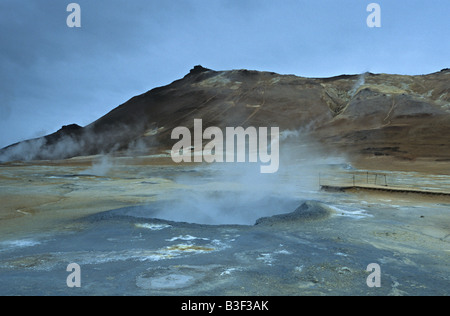 Pentole di fango a Namaskard zona termale, Hverarond nei pressi del Lago Myvatn, Islanda Foto Stock