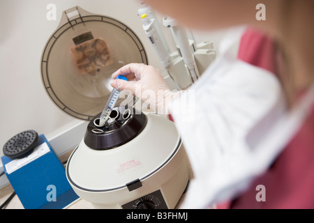 Embryologist mettendo il campione in centrifuga (messa a fuoco selettiva) Foto Stock