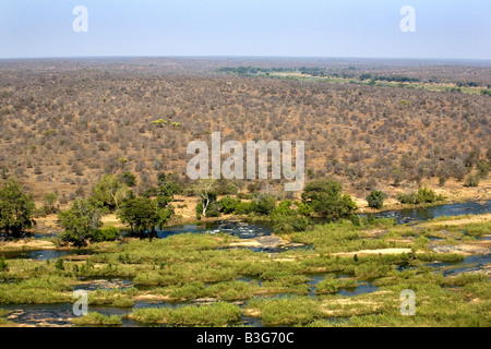 Bushveldt con Olifants River da Olifants Camp nel Parco Nazionale Kruger Sud Africa Foto Stock