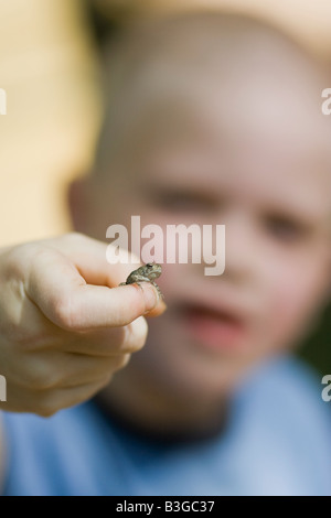 Ragazzo rana di contenimento sul dito Foto Stock