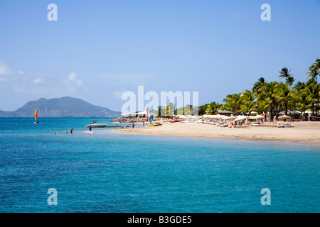 Incredibile Pinneys beach con palme da cocco a Nevis nei Caraibi Foto Stock