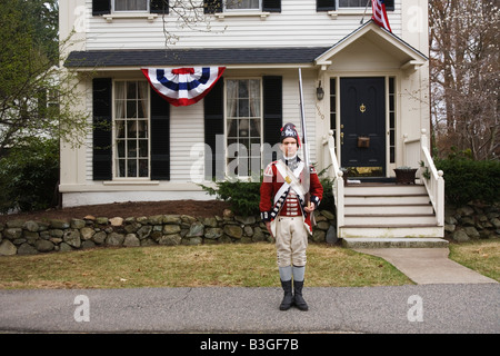 I patrioti giorno guerra rivoluzionaria rievocazione storica sulla Lexington Green Lexington Massachusetts Foto Stock