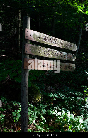 Itinerario a piedi segno segna la distanza in km attraverso la foresta scura in tedesco la regione della Foresta Nera vicino al villaggio di Kälbermühle Foto Stock