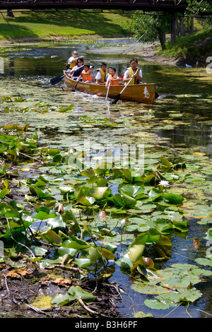 Ragazzi asiatici paletta giù il giglio rivestita Phalen Creek. Dragon Festival Lago Phalen Park St Paul Minnesota USA Foto Stock