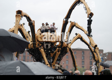 La Princesse la creazione di Francois Delaroziere e la macchina di telai minacciosamente sopra la folla a Liverpools Albert Dock Foto Stock