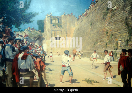 Pittura su display interno il Museo Basco che mostra un gioco di "pelote basque", un locale molto famoso sport. Foto Stock