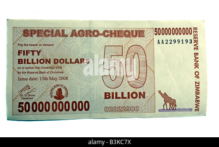Cinquanta miliardi di dollari dello Zimbabwe nota banca Foto Stock