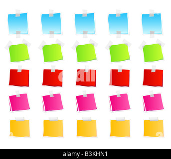 Illustrazione Vettoriale di sticky note retail 25 elementi in varie versioni colorate Foto Stock