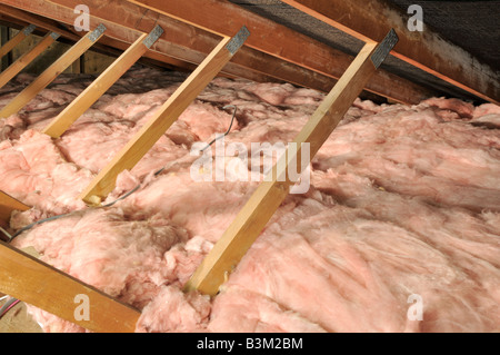 Abitazione domestica soppalco con tetto basso mostrando passo capriate in legno isolamento in fibra di vetro Foto Stock