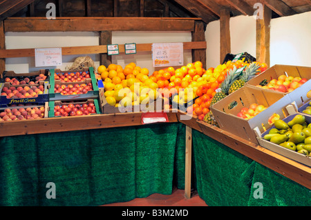 Primo piano attività di vendita al dettaglio di interni Calcott Hall Farm Shop esposizione self service di prodotti della frutta nel vecchio grande fienile convertito Brentwood Essex Inghilterra Regno Unito Foto Stock