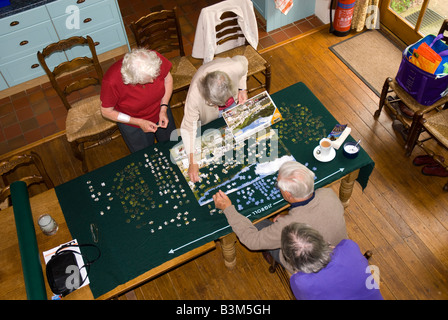 Tettuccio di colpo di 4 persone anziane facendo un grande puzzle su un tavolo Foto Stock