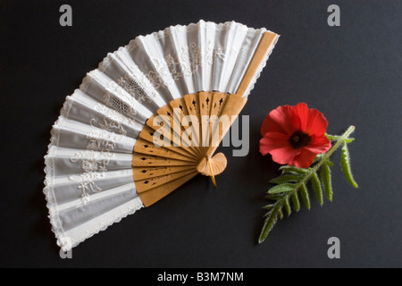 Oriental bianco Ventilatore di piegatura su uno sfondo nero con papavero rosso Foto Stock