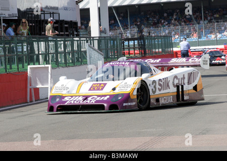 Justin Law e Andy Wallace in No.3 a 1987 viola/bianco/seta tagliati, Jaguar XJR 8 posti in seconda e terza in esso le gare Foto Stock