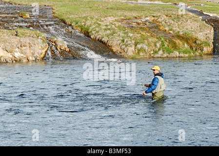 Pescatore a mosca in un fiume nel Parco Nazionale di Yellowstone Foto Stock