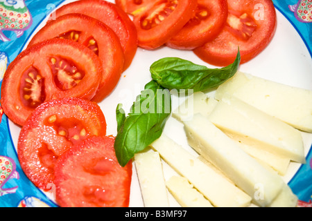 Freschi fette di pomodoro e formaggio pecorino Foto Stock